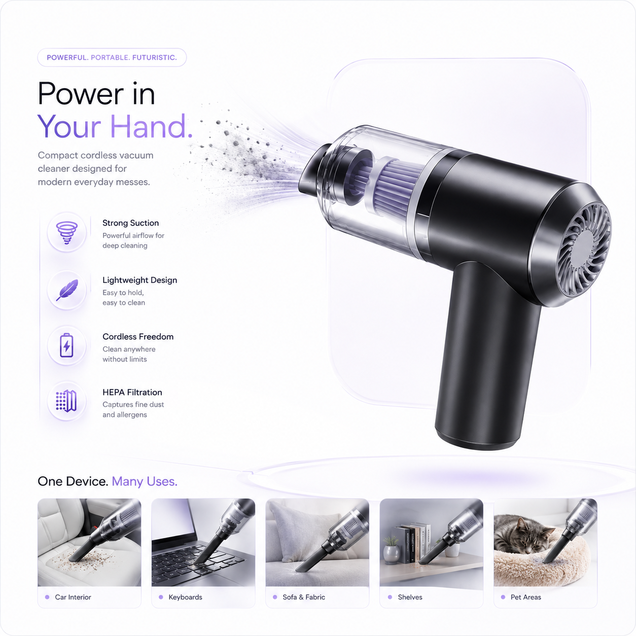 Cordless Handheld Vacuum — Powerful Suction, HEPA Filter